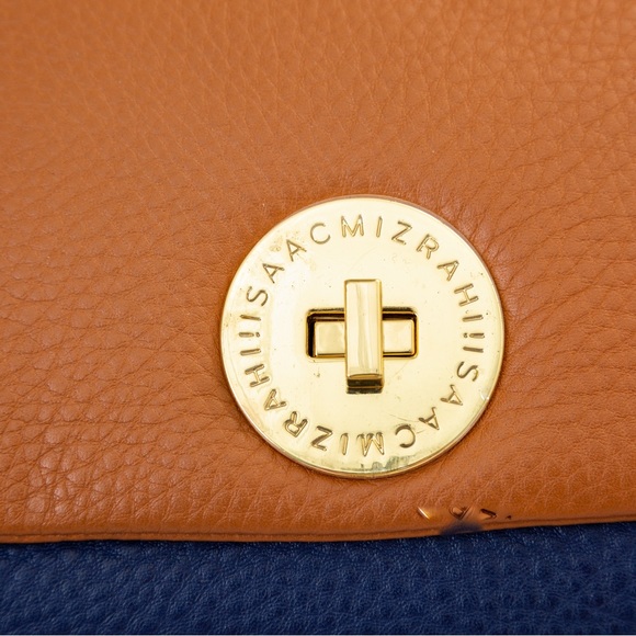 Preppy leather messenger bag Isaac Mizrahi Live Bridgehampton blue & brown - Picture 8 of 16